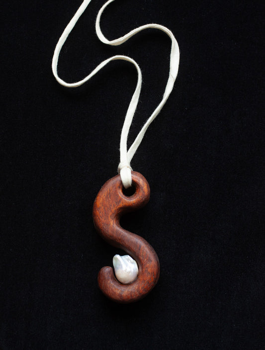 TEAK AND BAROQUE PEARL PENDANT